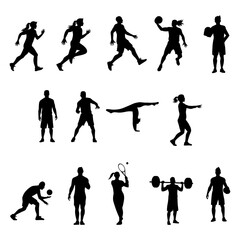 Black silhouette figures performing various sports activities against a transparent background create a sense of movement and energy, ideal for designs related to fitness or health.