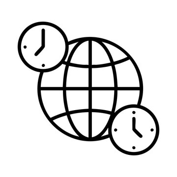Global time zone icon with two clocks on world globe