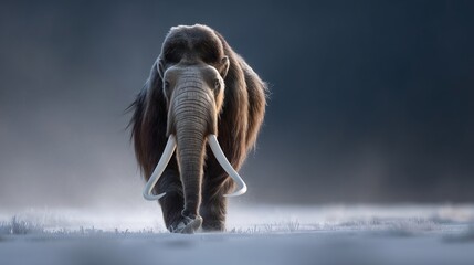 Majestic prehistoric creature striding across a frosted landscape.