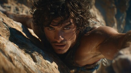 Close-up of a man rock climbing.