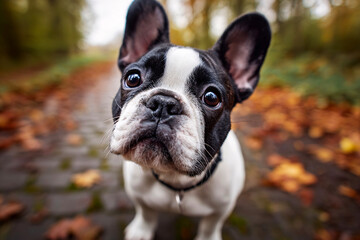 Closeup of cute French bulldog puppy with sparkling eyes, soft focus, autumn park path background