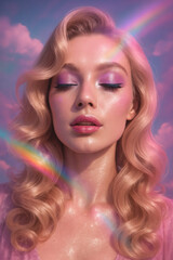 Obraz premium Dreamy portrait with shimmering skin, closed eyes, and waves under a pastel sky with soft clouds and a vibrant rainbow effect.