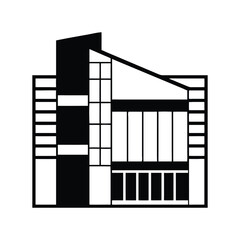 A black and white vector illustration of a house with an iron gate and intricate window designs silhouette icon line art