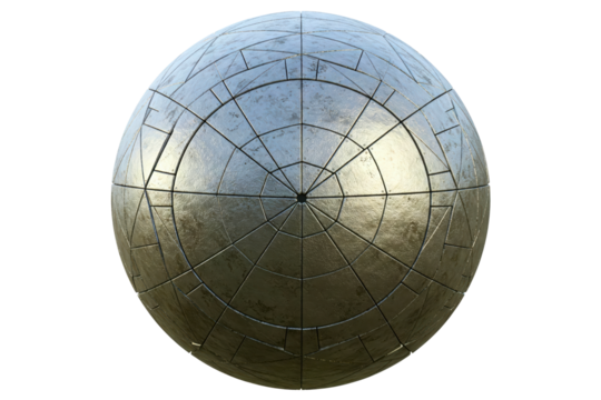 Textured metal sphere with geometric patterns and reflections isolated on a transparent background - Powered by Adobe