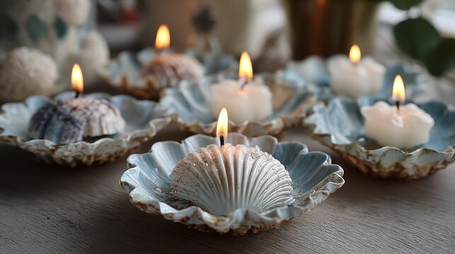 Arrangement of seashell candles with flames on light blue ceramic dishes on a wooden surface - Powered by Adobe