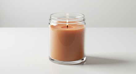 Scented candle in a glass jar burning softly on a white surface for home decor with copy space