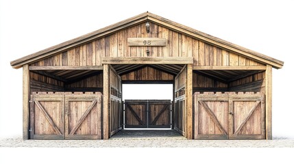 Obraz premium Rustic wooden barn with three stalls, double doors, a gabled roof, and number 
