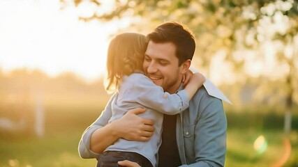 A heartwarming Father's Day scene featuring a joyful dad and his son embracing in a sunlit park, holding a handmade card expressing love and appreciation.