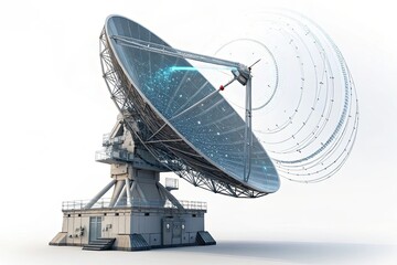 A large satellite dish with a metallic structure and a reflective surface. It emits signals represented by glowing particles in a futuristic setting.