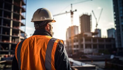 Construction worker in safety gear observing a city building site with cranes during sunset.