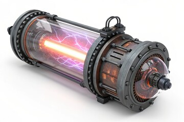 A futuristic energy generator with a transparent casing, glowing plasma, and intricate mechanical components. It showcases advanced technology and design.