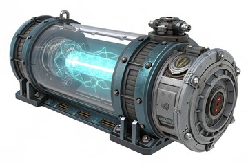 A futuristic energy core with a transparent casing and glowing blue energy inside. The design features metallic elements and intricate details.