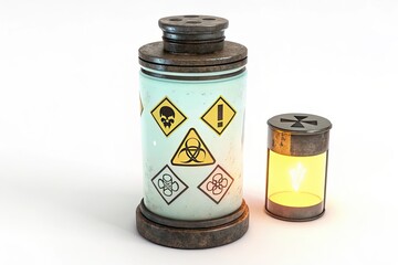 A hazardous waste container with warning symbols. A smaller lantern emits light beside it. The scene emphasizes safety and environmental concerns.