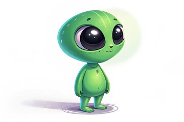 A cute, cartoonish green alien character with large black eyes and a small body. The alien stands on a simple background, exuding a friendly vibe.