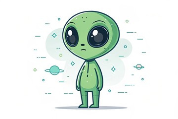 A cartoon alien character with green skin, large black eyes, and a simple body shape. The background features stars and planets, emphasizing a space theme.