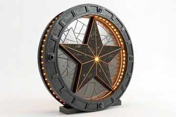 A decorative star-shaped object with a metallic frame and illuminated edges. The design features intricate patterns and a glass-like surface.