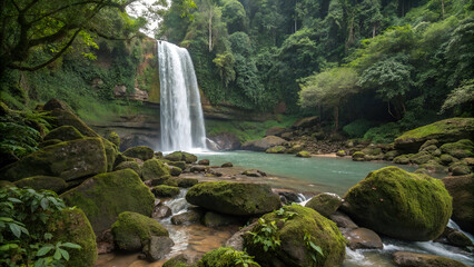 Lush jungle waterfall cascading into turquoise pool surrounded by mossy rocks, vibrant rainforest foliage, and misty atmosphere.