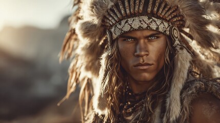 Close-up portrait of a man wearing a Native American headdress.
