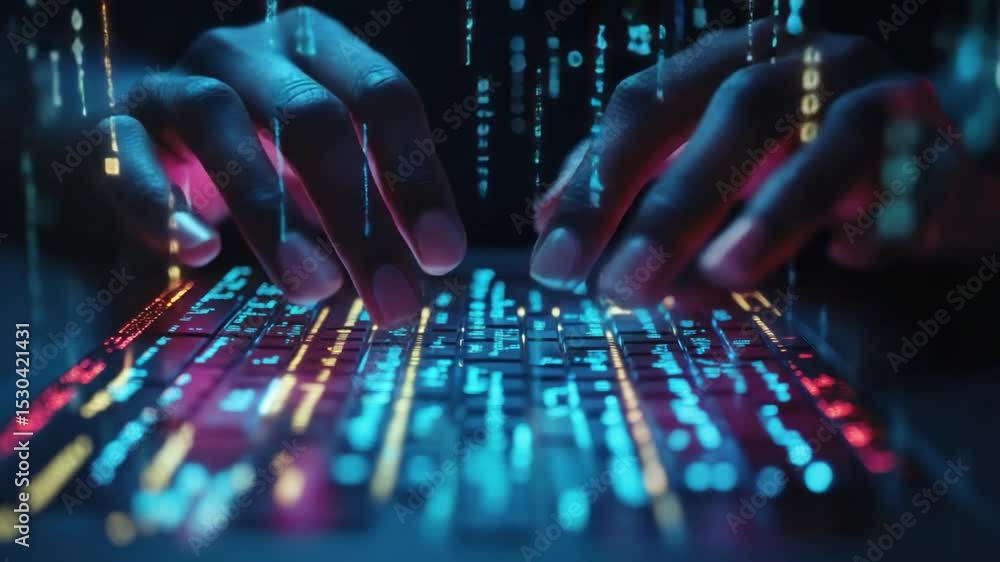 Poster coding in the digital realm: the glow of a keyboard lights up the hands as a person immerses themsel