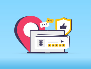 Local reputation management drives community trust with visual feedback icons, local review analytics and review alerts enhancing brand credibility and customer insight vector illustration