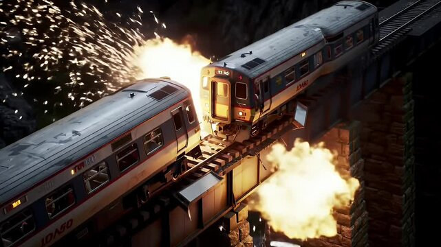 Crashed Passenger Trains Colliding on a Bridge with Bright Explosions and Sparks in an Accident