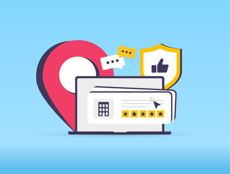 Local reputation management drives community trust with visual feedback icons, local review analytics and review alerts enhancing brand credibility and customer insight vector illustration