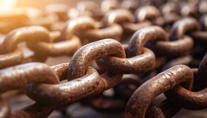 Closeup reveals weathered texture of rusty chain, showcasing its interwoven links that evoke sense of strength and resilience. warm light enhances rugged beauty of metal