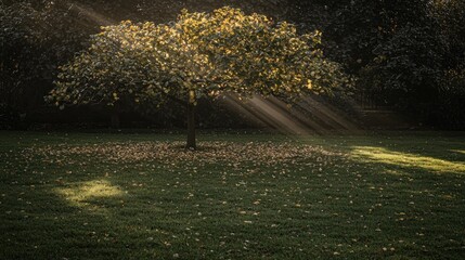 Sunbeams illuminate a solitary tree in a grassy park, casting long shadows and highlighting fallen autumn leaves