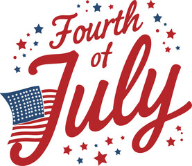 Happy Fourth of July Vector Illustration, Minimal Flat Design with Patriotic Typography, American Independence Day Celebration with Stars and Flag Elements, Isolated on White Background