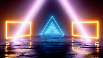 Vibrant neon triangles and glowing frames create a mesmerizing light tunnel experience - Powered by Adobe