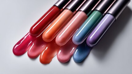Colorful lip glosses drizzled onto a surface.