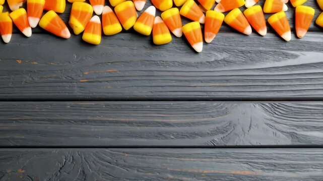 Colorful candy corn arranged on a rustic dark wooden surface, creating a festive autumnal backdrop, Halloween sweets and festive mood