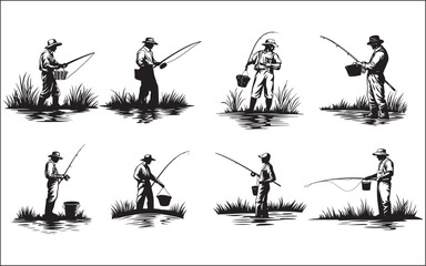 Fisherman Fishing Silhouette illustration isolated on a white background