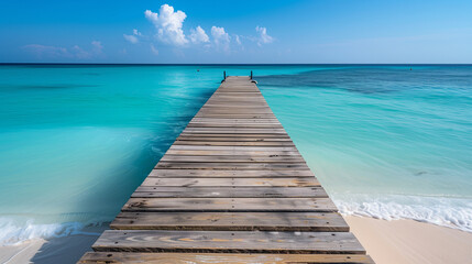 Obraz premium Wooden dock stretching into turquoise waters, serene beach backdrop. Tranquil escape into nature's beauty. 