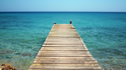 Fototapeta premium Wooden dock stretching into turquoise waters, serene beach backdrop. Tranquil escape into nature's beauty. 