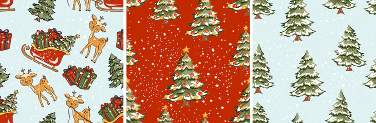 Christmas seamless patterns set with reindeer sleigh gifts and snowy trees vector illustration © Evgeniya Sheydt