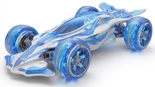 Futuristic race car with glowing blue accents.