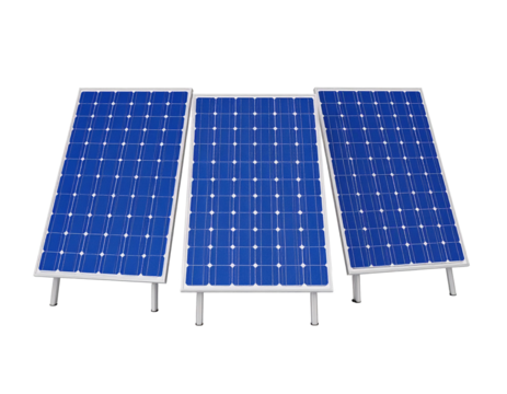 Three blue solar panels standing on white mounts with a transparent background. Perfect for concepts of renewable energy, sustainability, and eco-friendly technology.