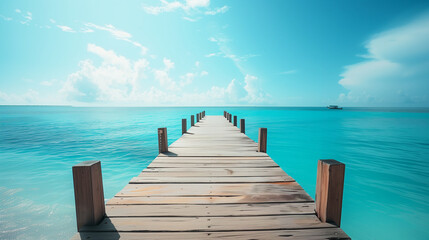 Fototapeta premium Wooden dock stretching into turquoise waters, serene beach backdrop. Tranquil escape into nature's beauty. 
