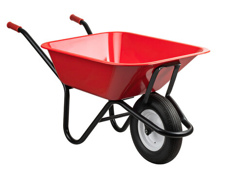 Old usty wheelbarrow with black handles and one front wheel, isolated on transparent background. Ideal for gardening, farming, or construction-related concepts.