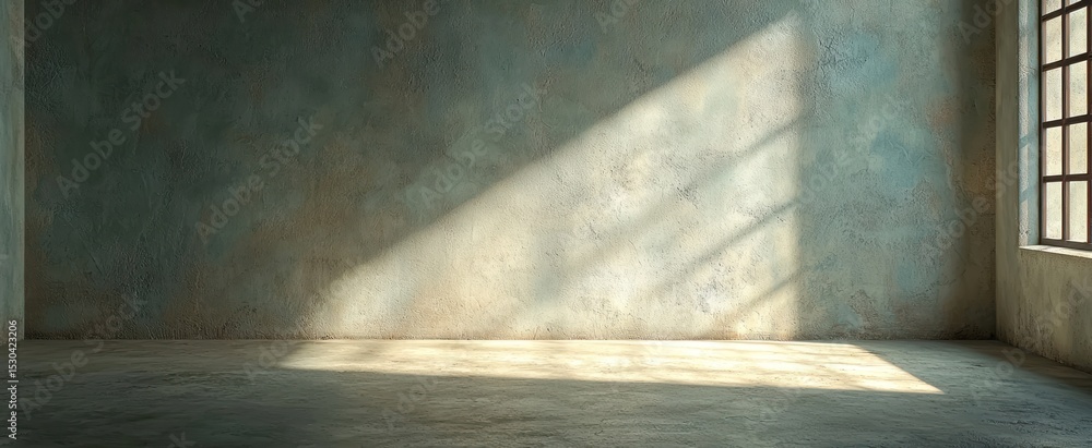 Poster sunlit empty room with textured walls and floor, showcasing interplay of light and shadow