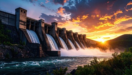 Majestic view of a hydroelectric dam at sunset with cascading water and a colorful sky, highlighting renewable energy and scenic beauty.
