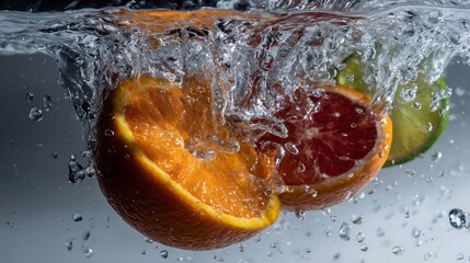 Citrus fruit slices immersed in water with splashing water droplets.