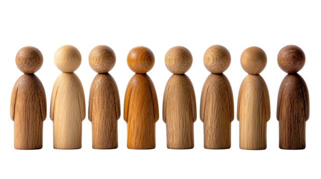 Group of wooden human figures standing in a row isolated on transparent background. PNG