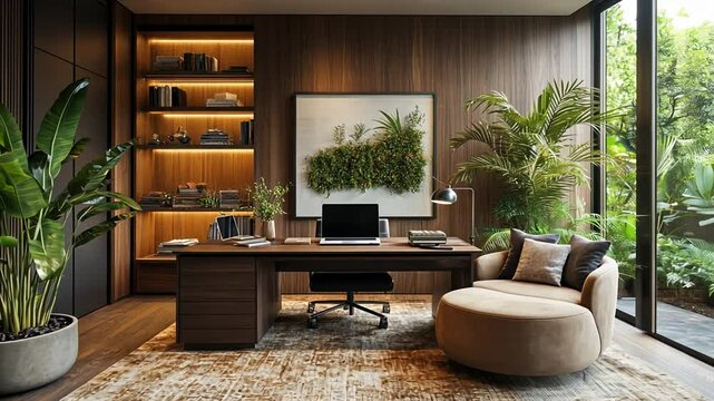 Modern home office with plants and a comfortable seating area.