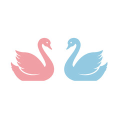 Pair of swans in pastel pink and light blue facing each other on white background
