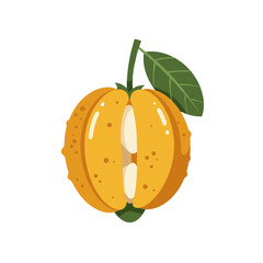 Illustrated kiwano fruit, sliced, with green leaf, against white