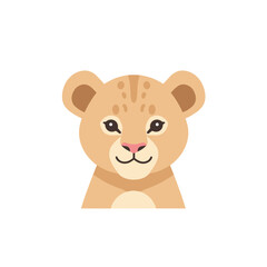 Cartoon lion cub face with round ears, pink nose, and black eyes, isolated on white