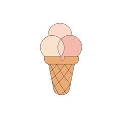 Stylized drawing of a triple scoop ice cream cone, featuring peach, vanilla, and strawberry flavors