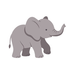 Cartoon gray elephant eating grass, outlined and simplified, set against a white background